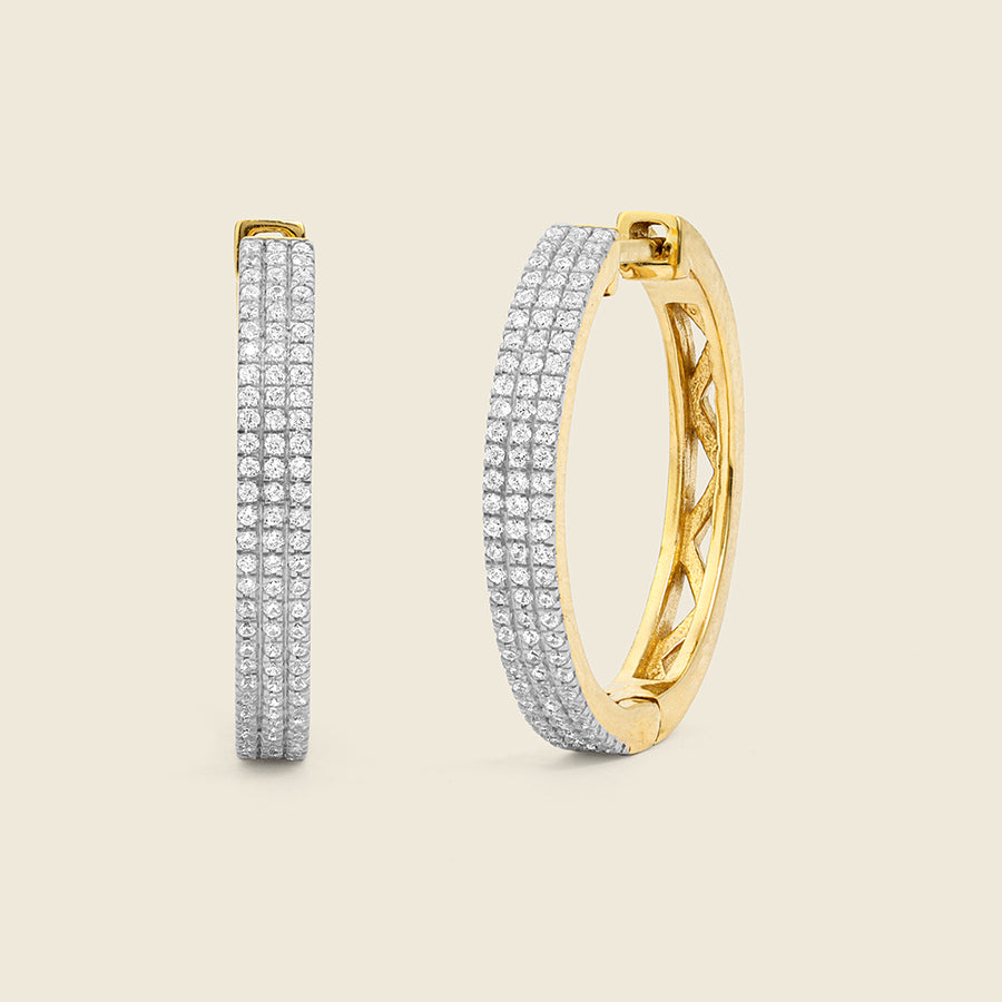 Triple Diamond Row Hoop Earrings